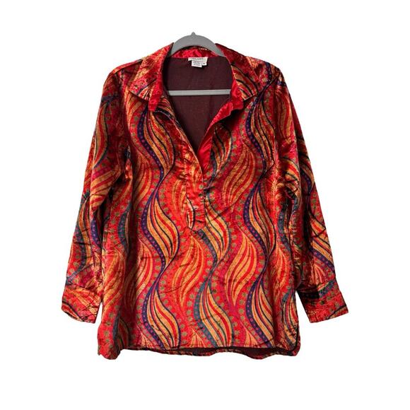 Tru Luxe Jeans Boho Velvet Blouse M Red Gold Wavy Pattern Long Sleeve Tunic Top - Picture 3 of 7